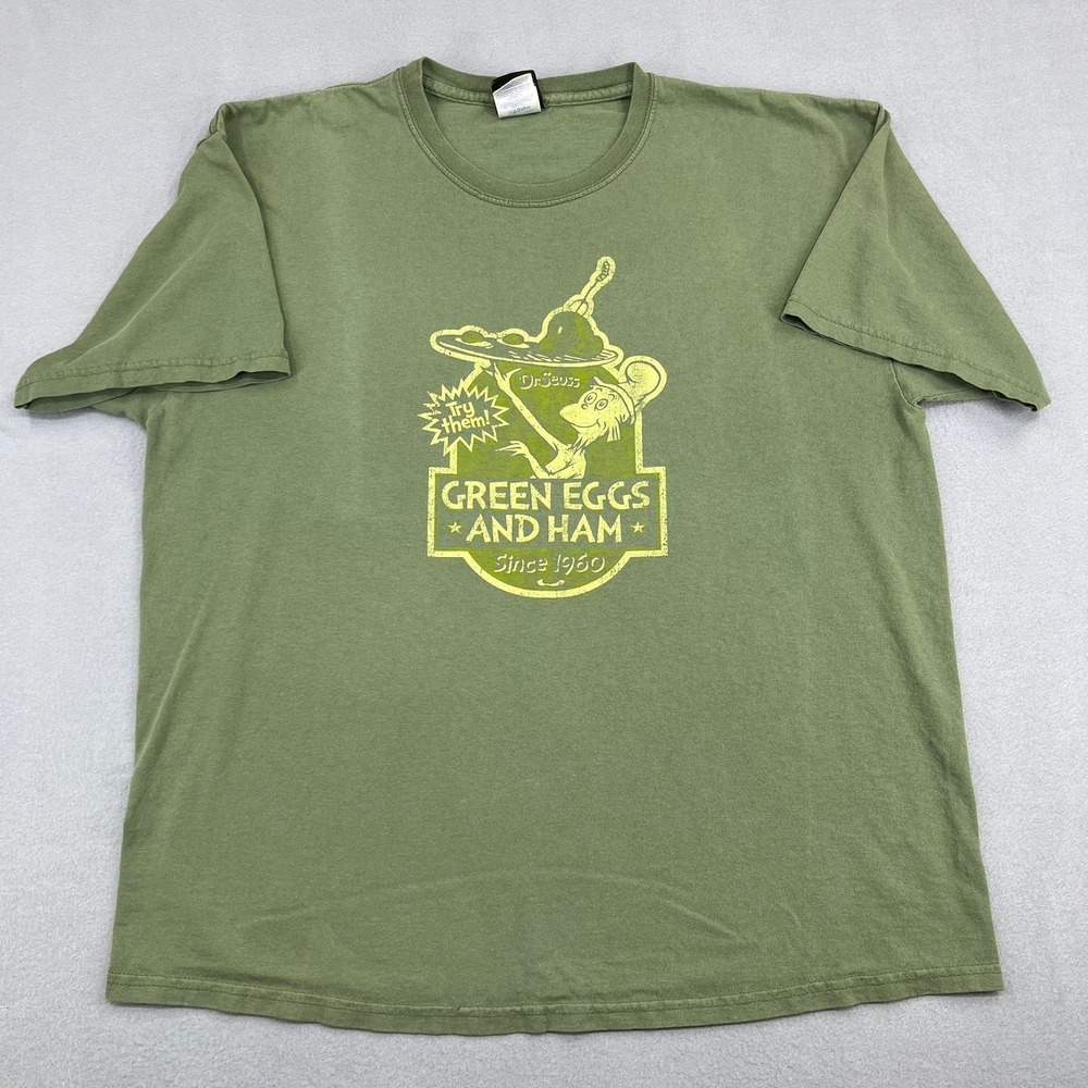 Vintage 2001 Dr Seuss Green Eggs and Ham Sam-I-Am Graphic T-Shirt Mens XL Green